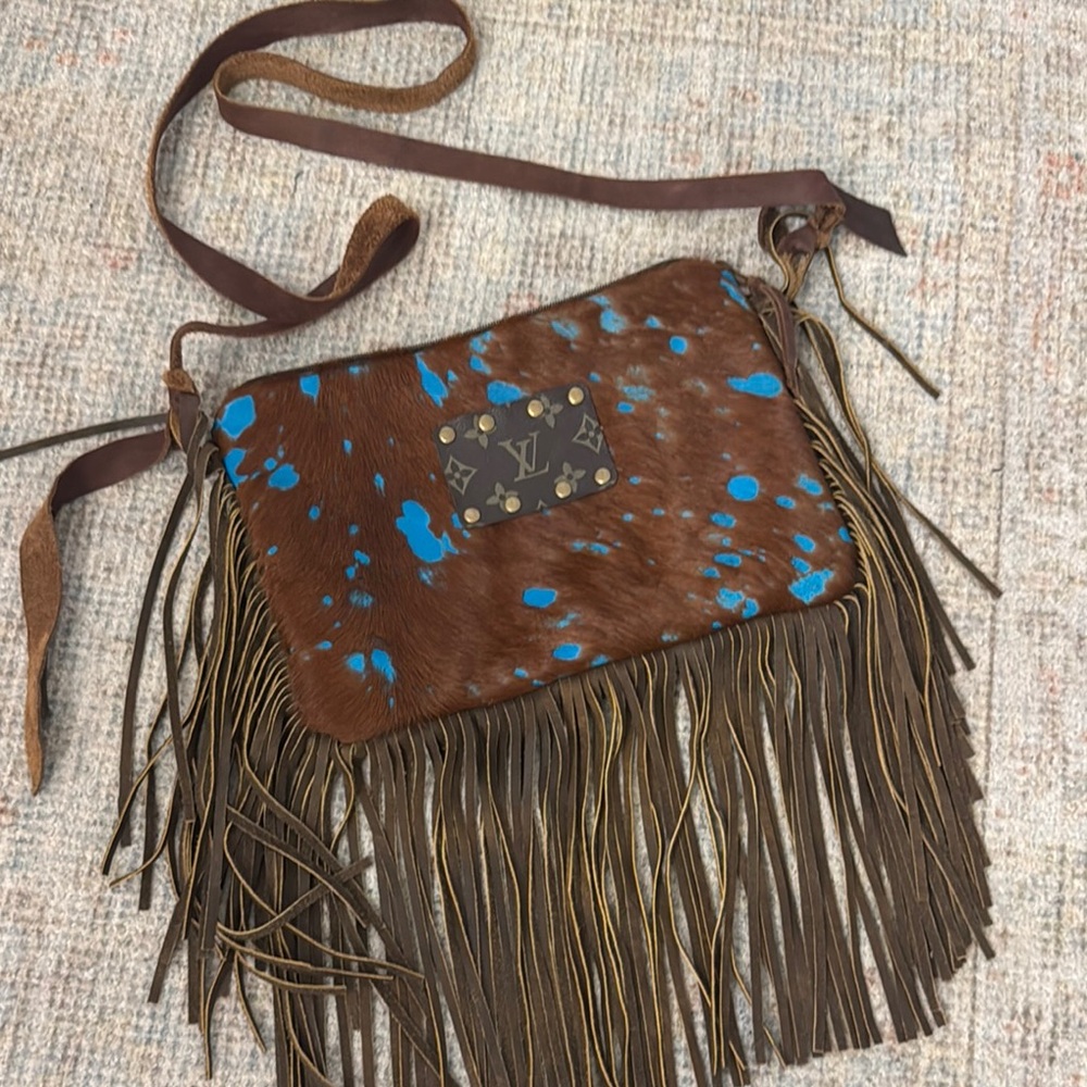 Brown and Blue Bohemian Cowhide Crossbody Bag with Fringe